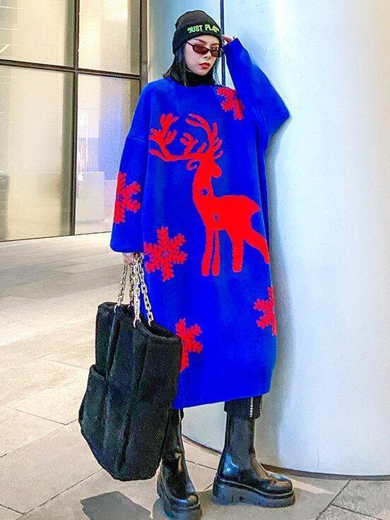Christmas Elk Snowflake Sweater Dress-STYLEGOING