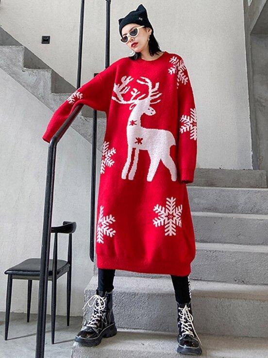 Christmas Elk Snowflake Sweater Dress-STYLEGOING