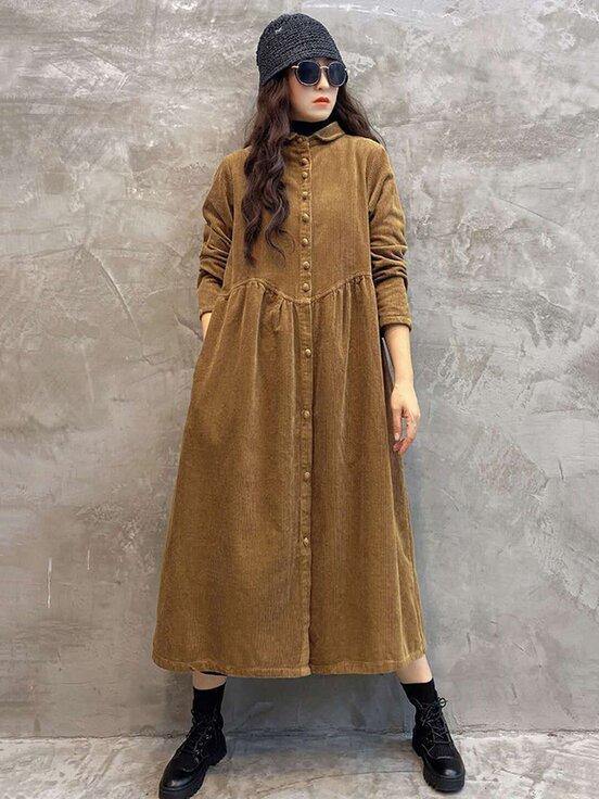 Vintage Solid Corduroy Lapel Dress-STYLEGOING