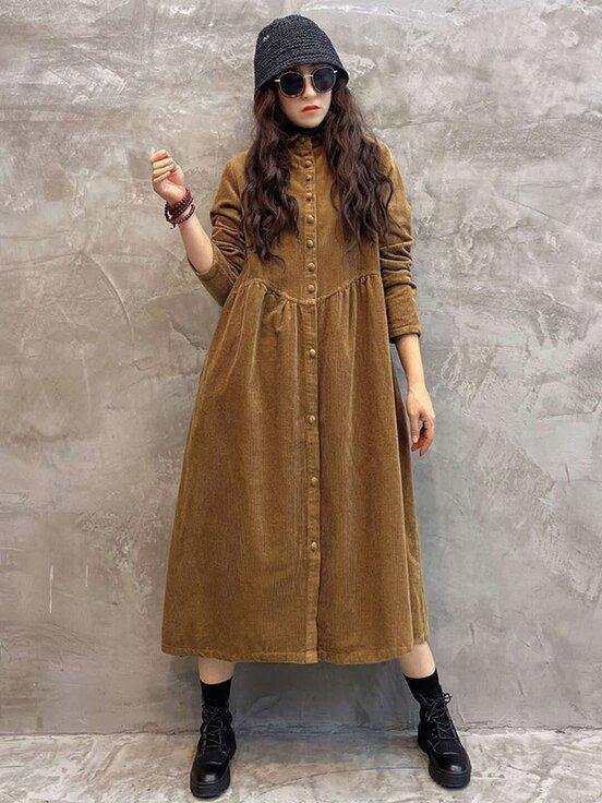 Vintage Solid Corduroy Lapel Dress-STYLEGOING