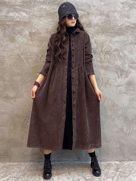 Vintage Solid Corduroy Lapel Dress-STYLEGOING