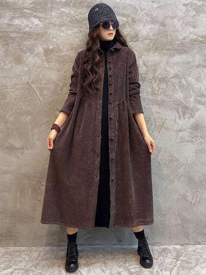 Vintage Solid Corduroy Lapel Dress-STYLEGOING