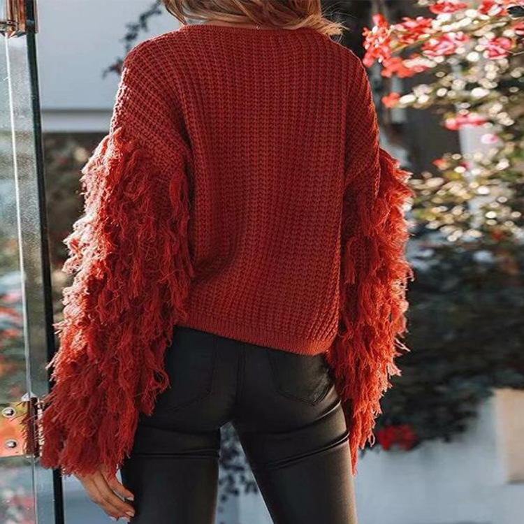 Women Winter Round Neck Tassel Loose Sweaters-STYLEGOING
