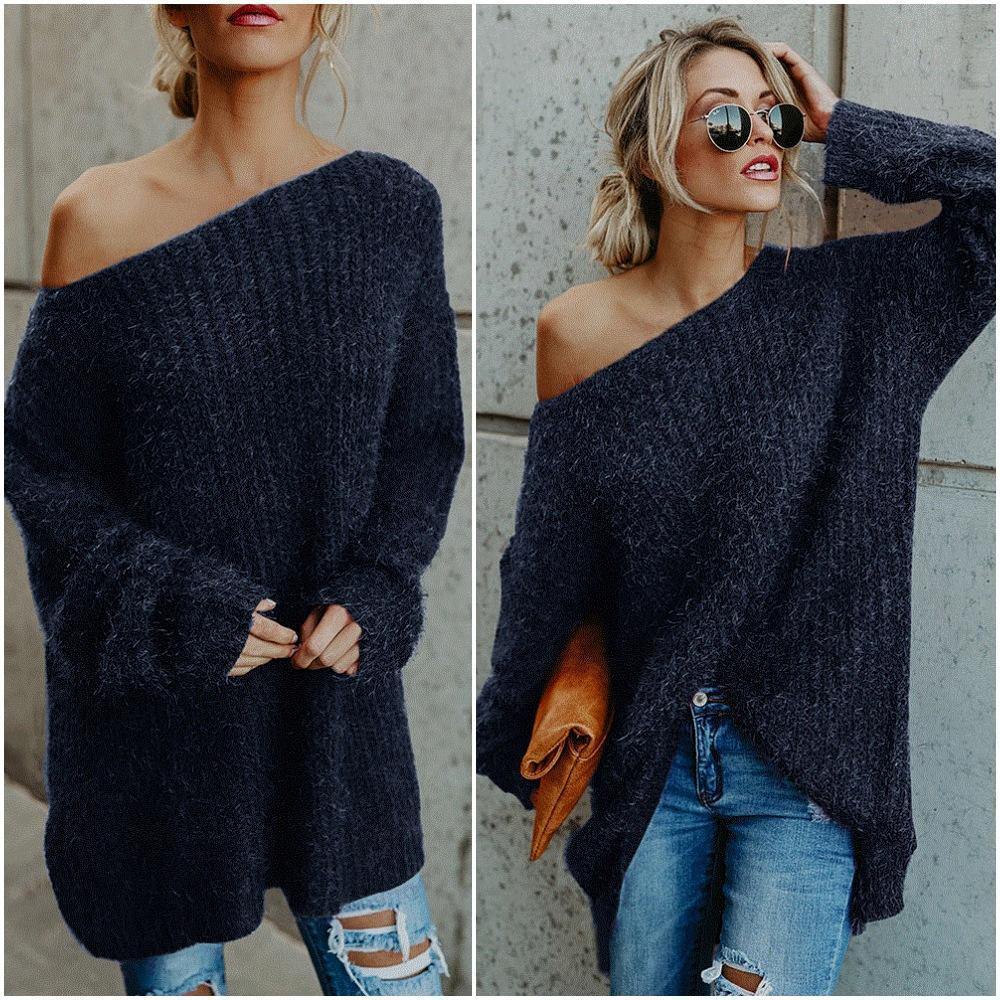 Off The Shoulder Long Sleeves Loose Sweater-STYLEGOING