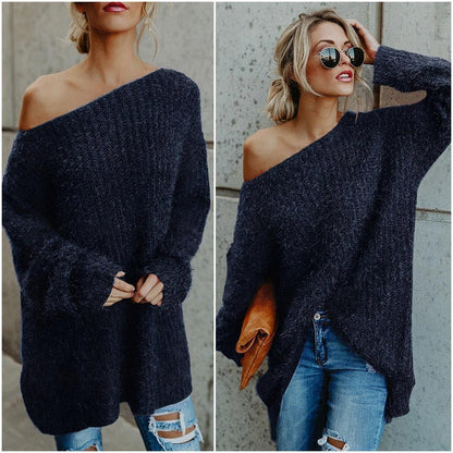 Off The Shoulder Long Sleeves Loose Sweater-STYLEGOING