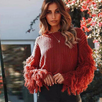 Women Winter Round Neck Tassel Loose Sweaters-STYLEGOING
