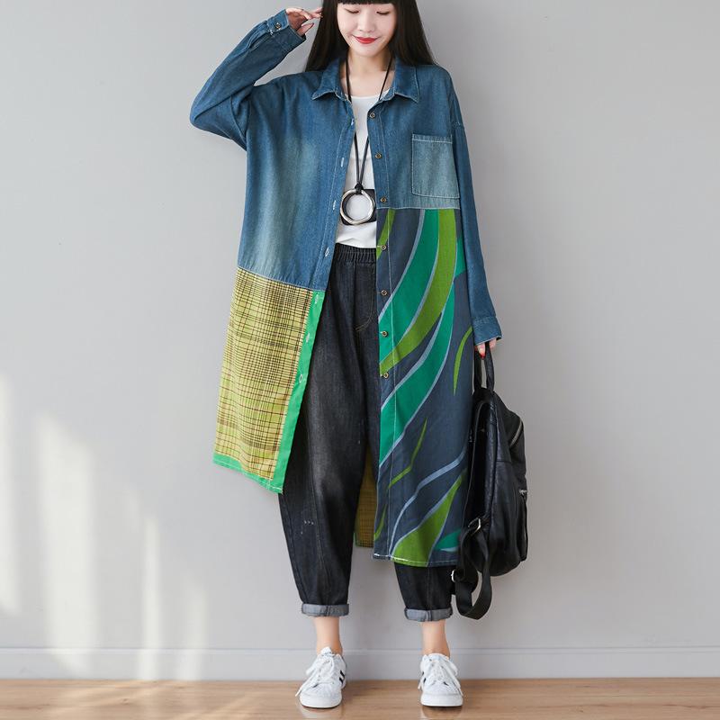 Irregular Split Jointing Demin Women Long Shirts-STYLEGOING