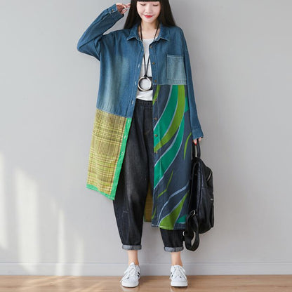Irregular Split Jointing Demin Women Long Shirts-STYLEGOING