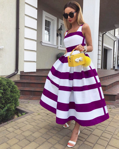 Summer Women Striped Strap Fashion Midi Dresses-STYLEGOING