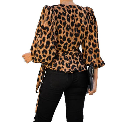 Women V Neck Long Sleeves Leopard Blouses-STYLEGOING