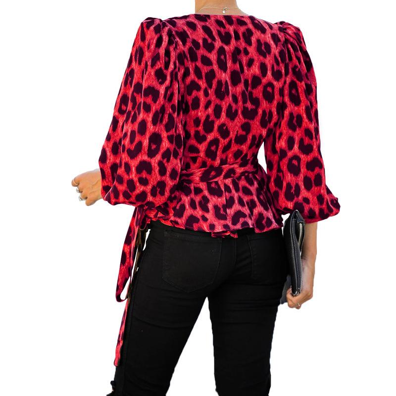 Women V Neck Long Sleeves Leopard Blouses-STYLEGOING