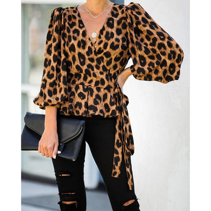 Women V Neck Long Sleeves Leopard Blouses-STYLEGOING