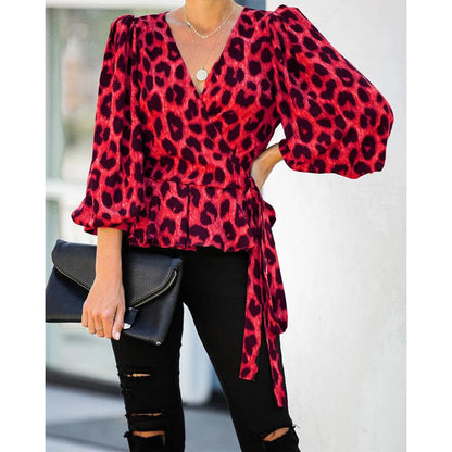 Women V Neck Long Sleeves Leopard Blouses-STYLEGOING