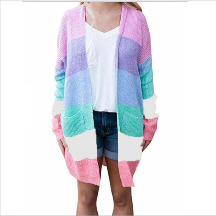 Women Rainbow Color Knitting Cardigan Sweaters