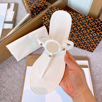 Women Beach Foot Clip Metal Button Flat Heel-STYLEGOING