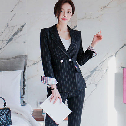 Fashion Black Striped Office Lady Outfits Sets