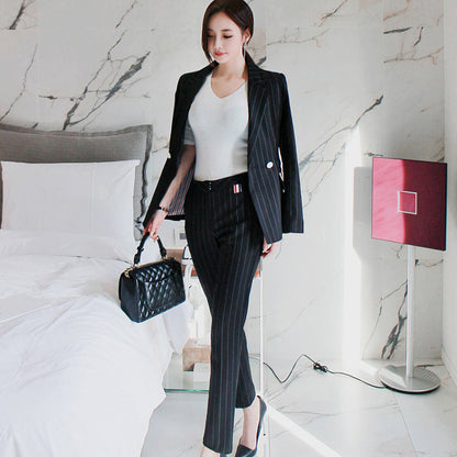Fashion Black Striped Office Lady Outfits Sets