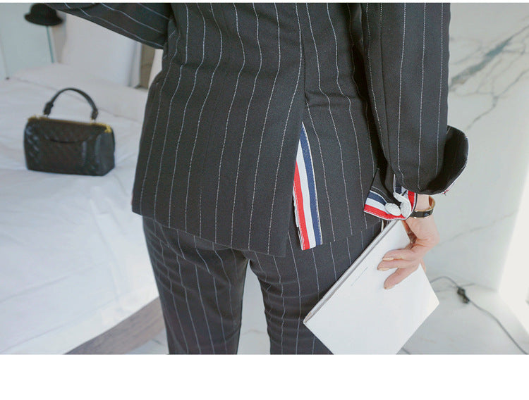 Fashion Black Striped Office Lady Outfits Sets
