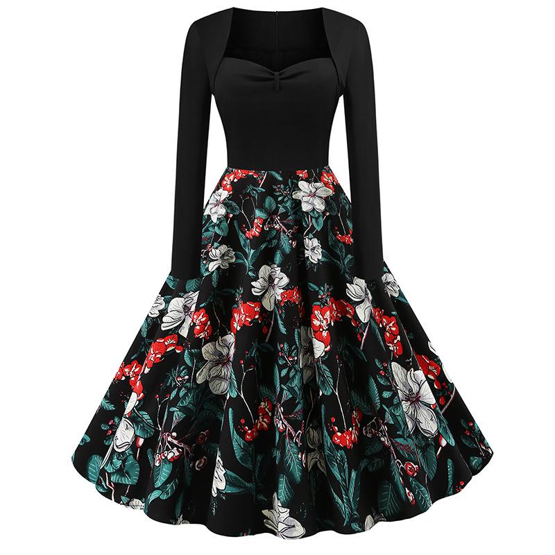 Vintage Long Sleeves Floral Print Dresses-STYLEGOING