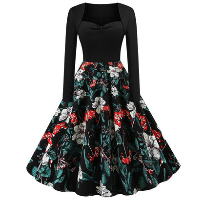Vintage Long Sleeves Floral Print Dresses-STYLEGOING