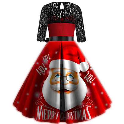 Christmas Santa Claus Print Lace Dresses