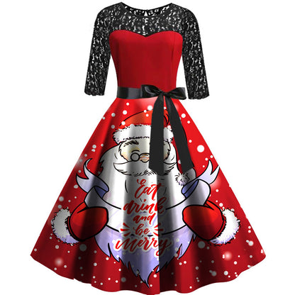 Christmas Santa Claus Print Lace Dresses