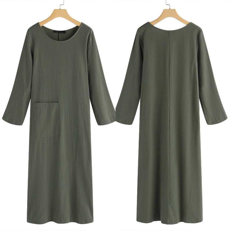 Vintage Linen Ling Sleeves Women Midi Dresses