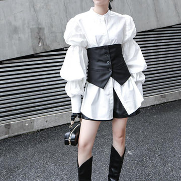 Women Bubble Sleeves Fall Shirts (vest Not Included)