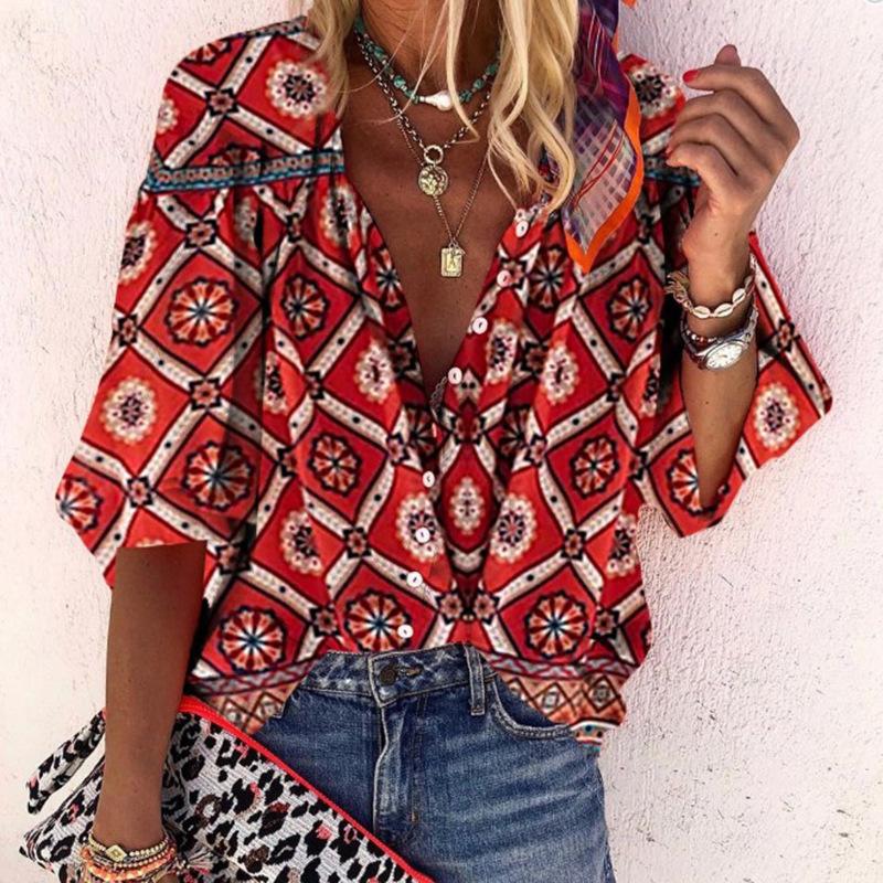 Red Floral Print Women Leisure Blouses-STYLEGOING