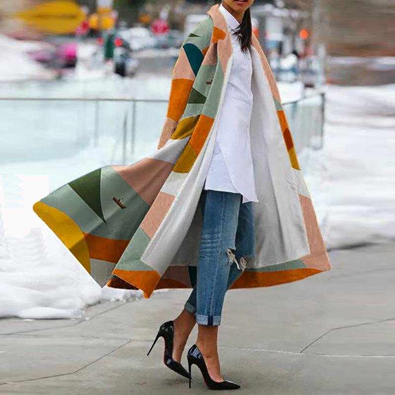 Women Turnover Collar Geometry Long Overcoat-STYLEGOING