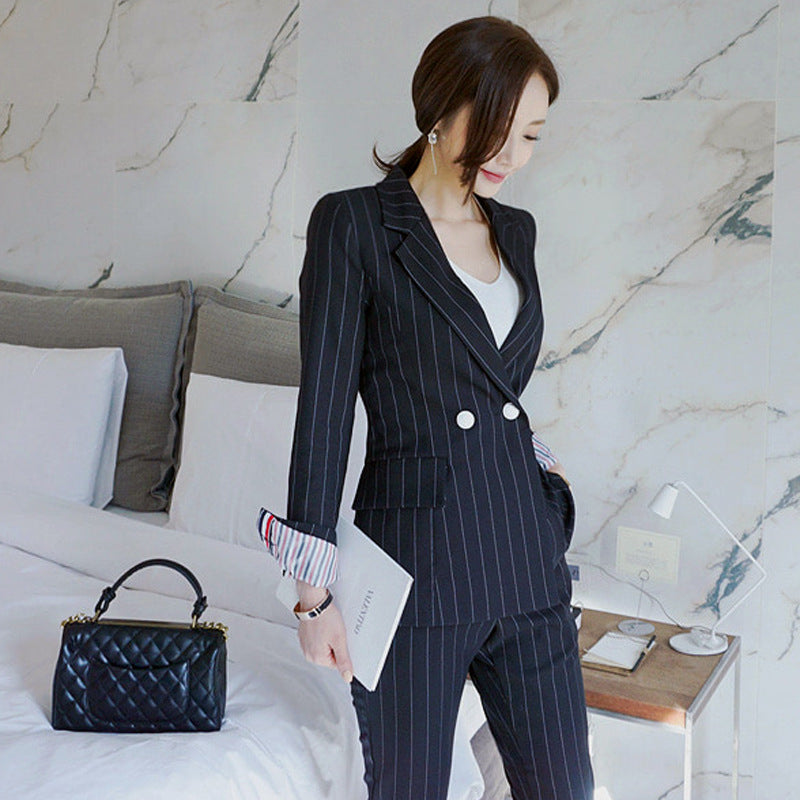 Fashion Black Striped Office Lady Outfits Sets