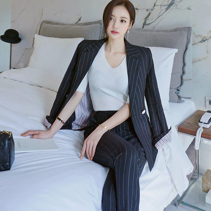 Fashion Black Striped Office Lady Outfits Sets