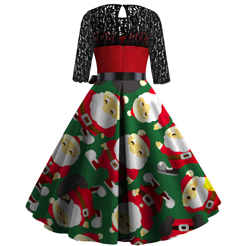 Women Green Half Sleeves Merry Christmas Dresses