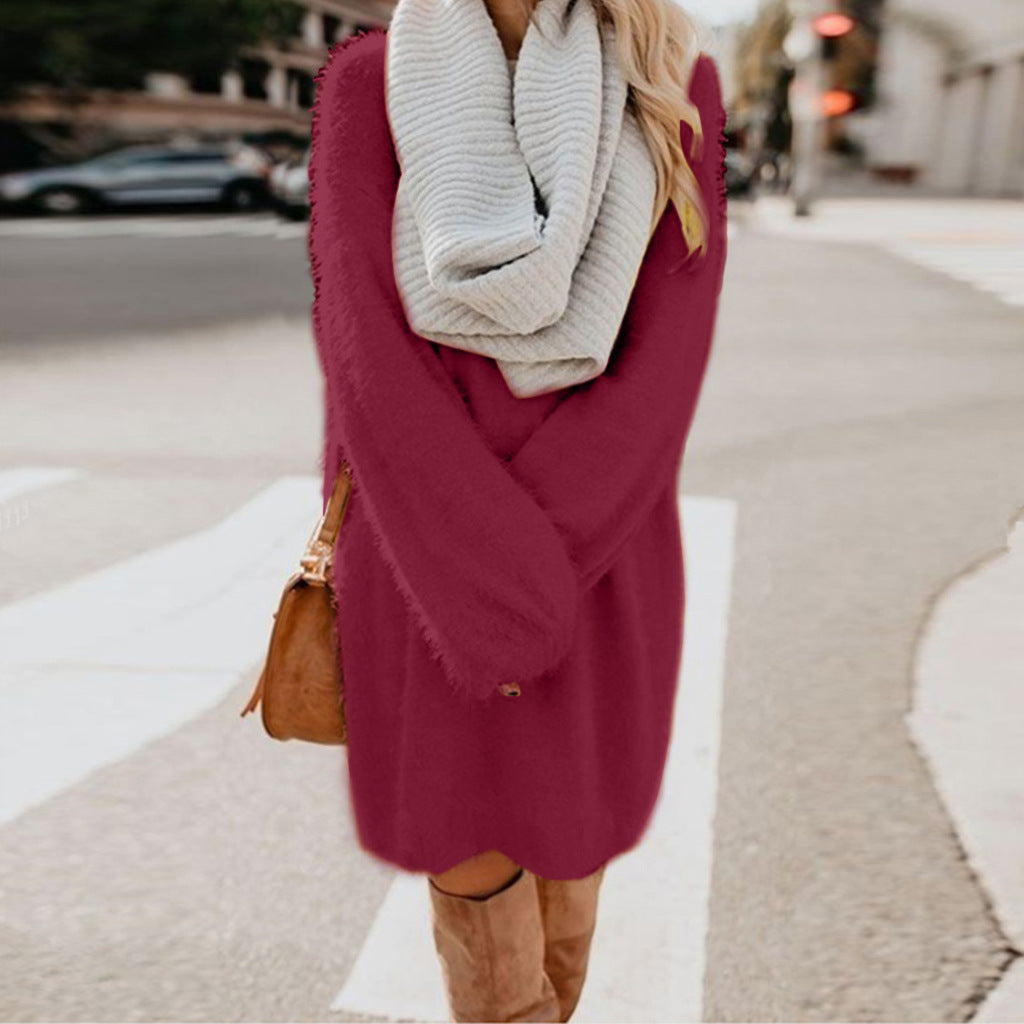 Casual Women Round Neck Plush Long Sweaters