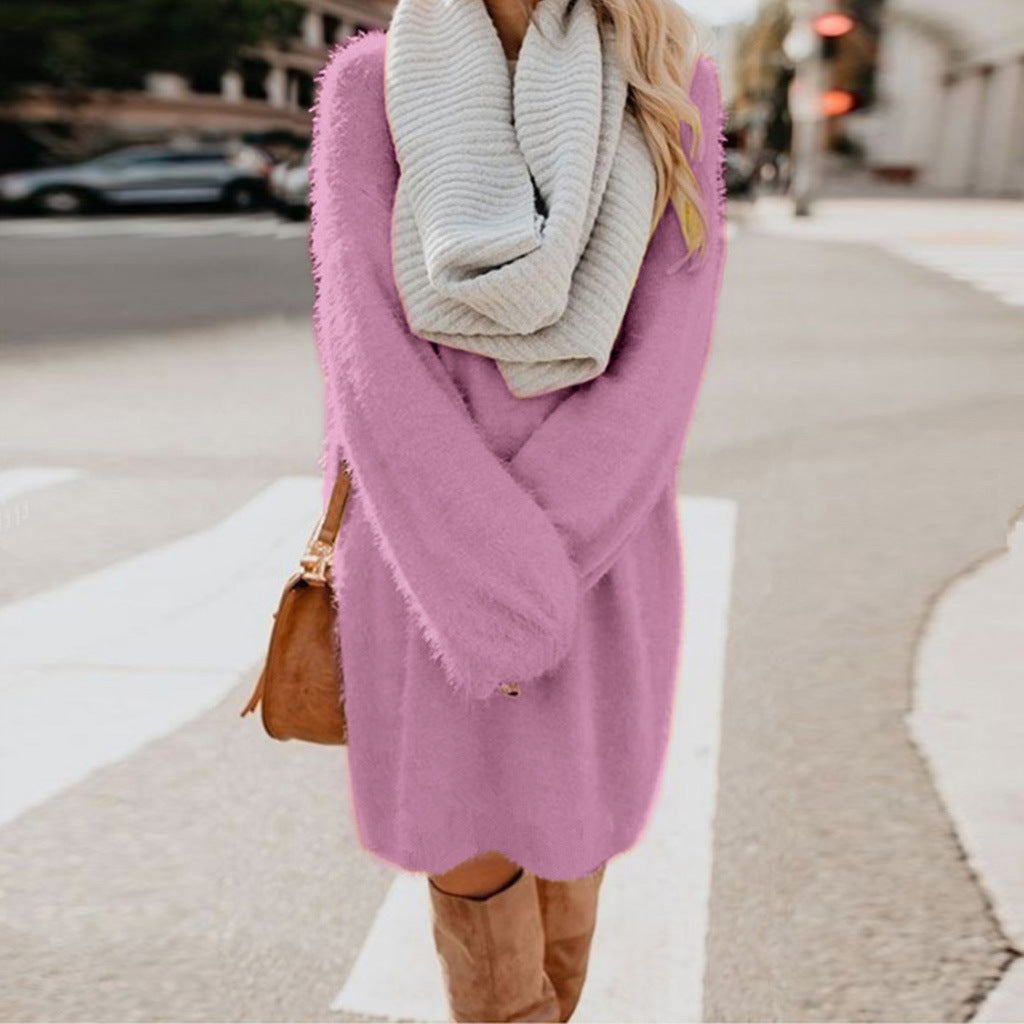 Casual Women Round Neck Plush Long Sweaters