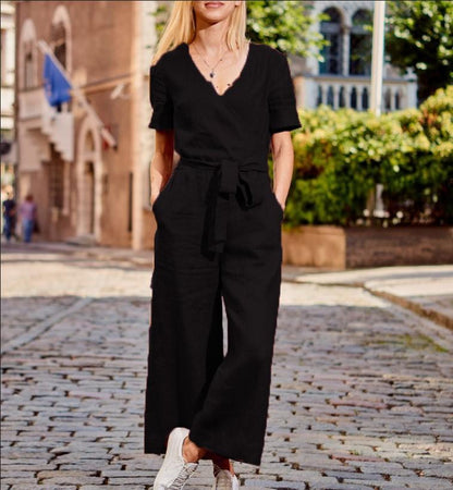 Women Short Sleeves Linen Loose Jumpsuits-STYLEGOING