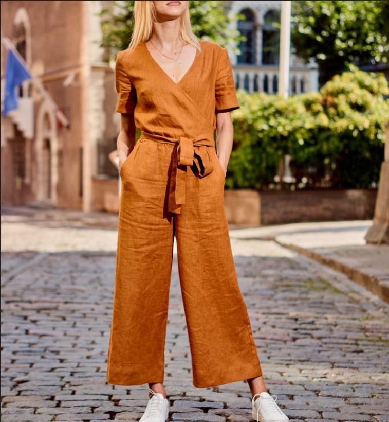 Women Short Sleeves Linen Loose Jumpsuits-STYLEGOING