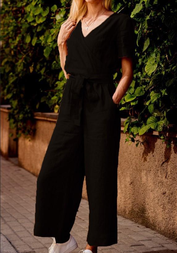 Women Short Sleeves Linen Loose Jumpsuits-STYLEGOING