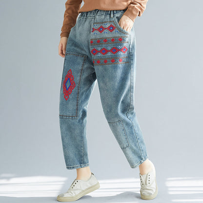 Women Embroidery Elastic Waist Harem Jean Pants