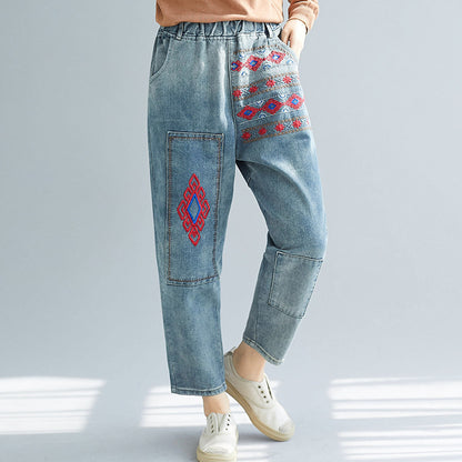 Women Embroidery Elastic Waist Harem Jean Pants