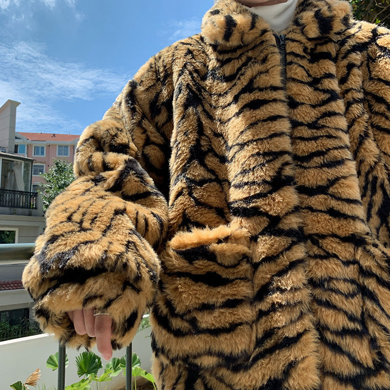 Casual Vintage Artificial Fur Tiger Print Overcoat for Men