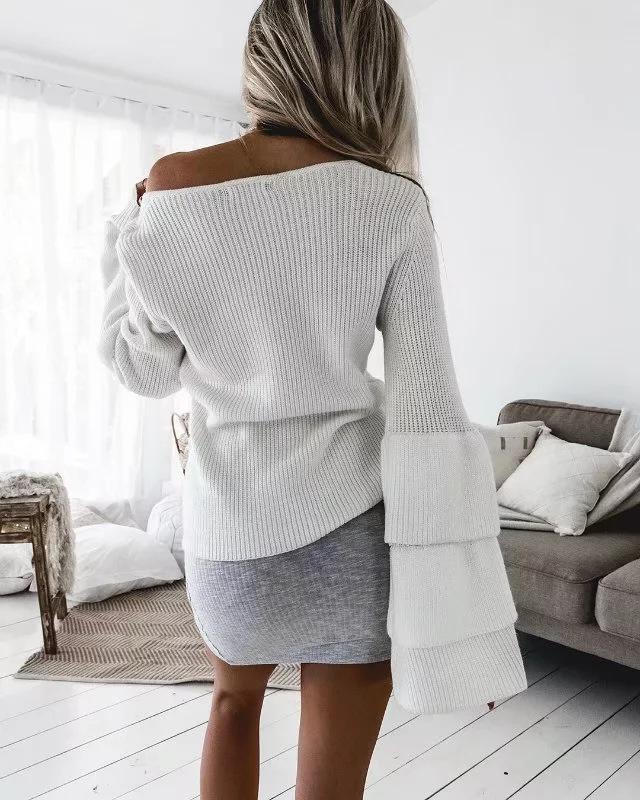 Women Bell Sleeves Fall Knitting Sweaters-STYLEGOING