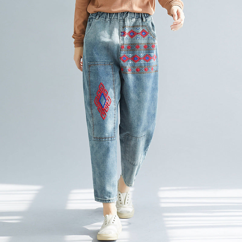 Women Embroidery Elastic Waist Harem Jean Pants