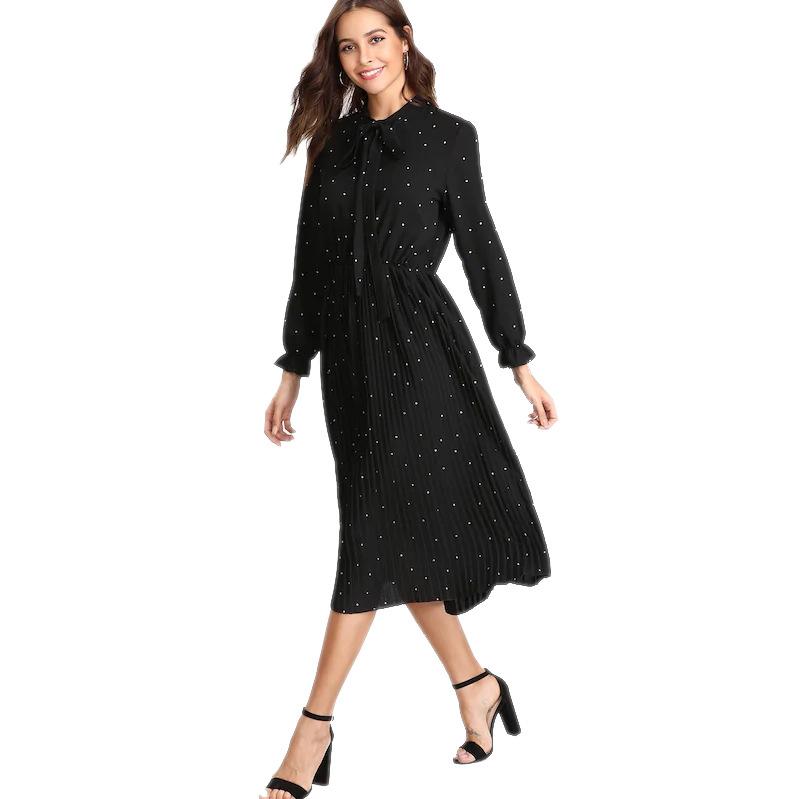 Black Dot Print Women Elegant Long Fall Dresses