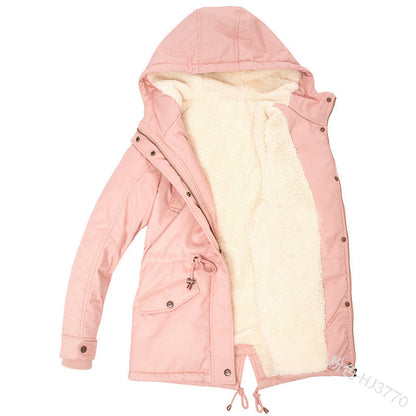Casual Women Drawstring Hoody Cotton Overcoat for Winter