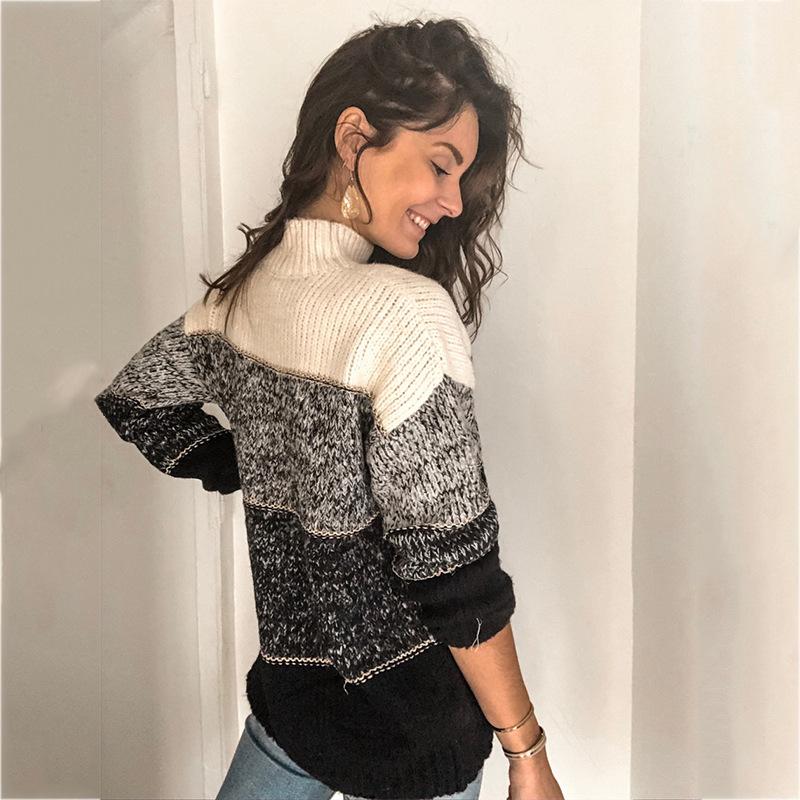 High Neck Pullover Striped Sweater-STYLEGOING