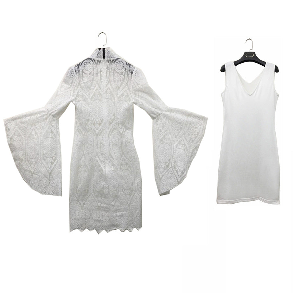 White Lace Trumpet Sleeves Women Party Dresses