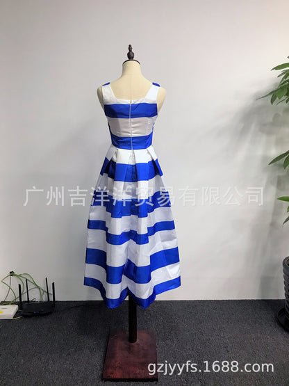 Summer Women Striped Strap Fashion Midi Dresses-STYLEGOING