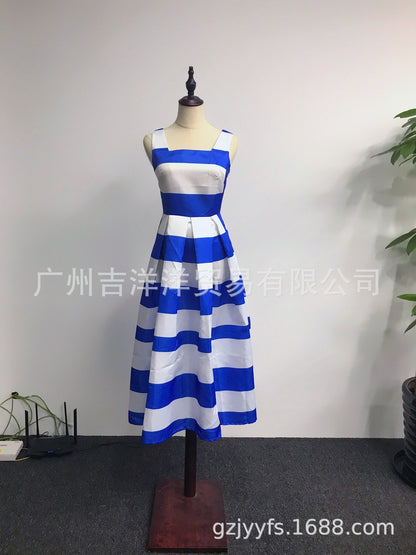 Summer Women Striped Strap Fashion Midi Dresses-STYLEGOING