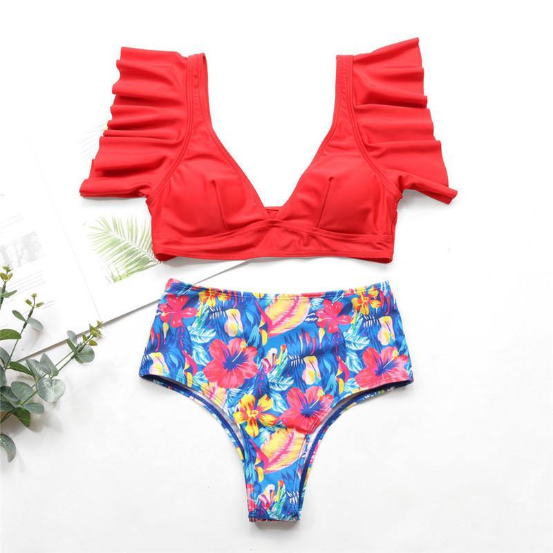 High Waist Ruffled Floral Print Tankini-STYLEGOING